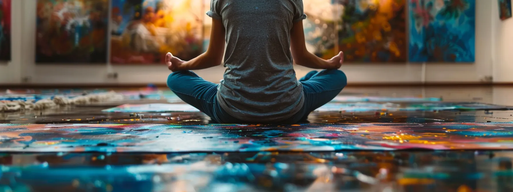 a person sitting cross-legged in a peaceful meditative pose surrounded by colorful artwork and a feeling of inspiration.