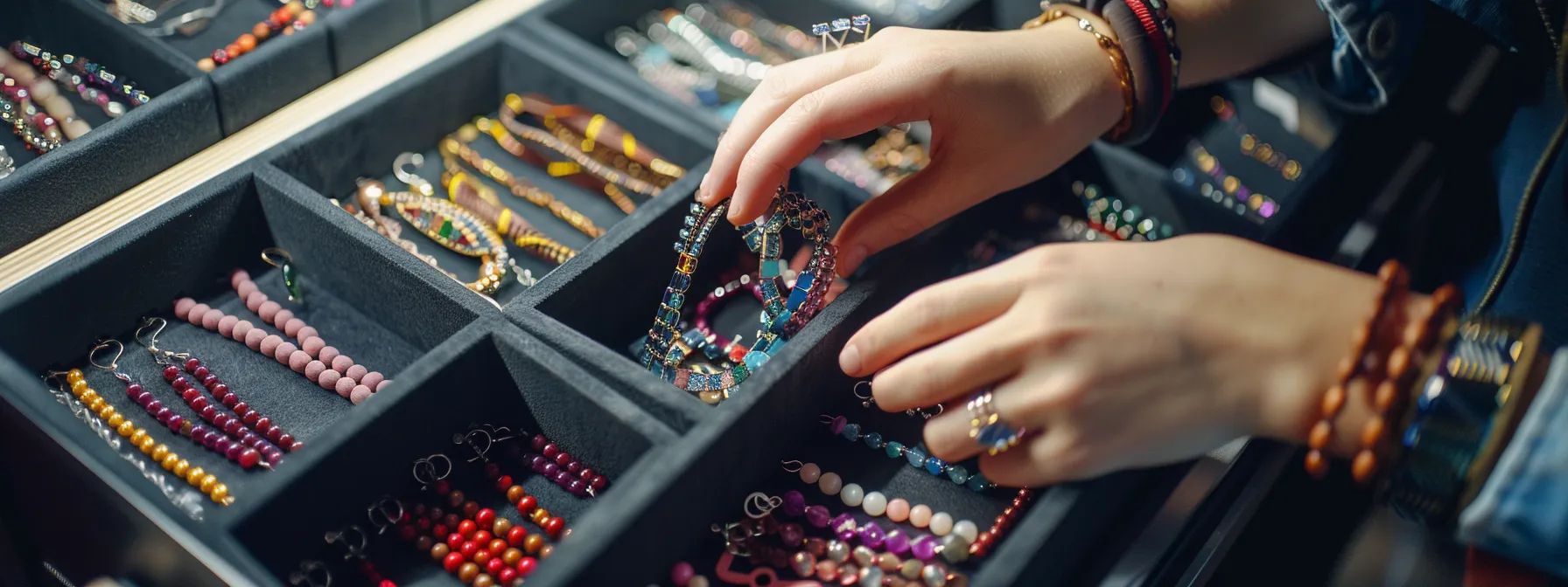 a person carefully cleaning and storing a collection of gemstone bracelets in a jewelry box.