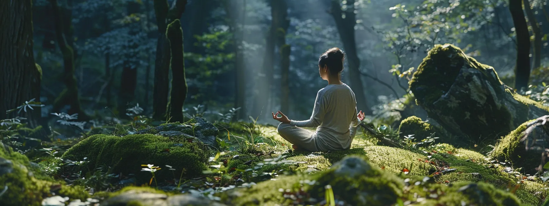 a person meditating in a peaceful forest setting.