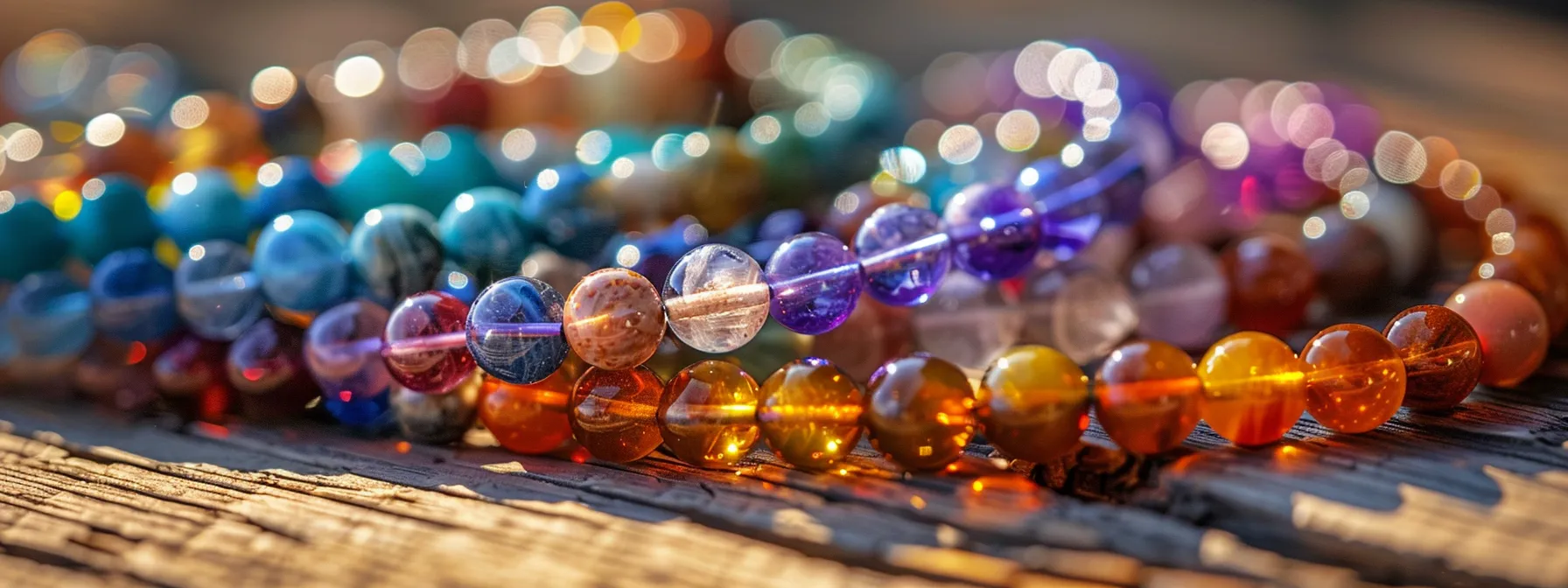 a collection of colorful gemstone bracelets displayed on a wooden table.