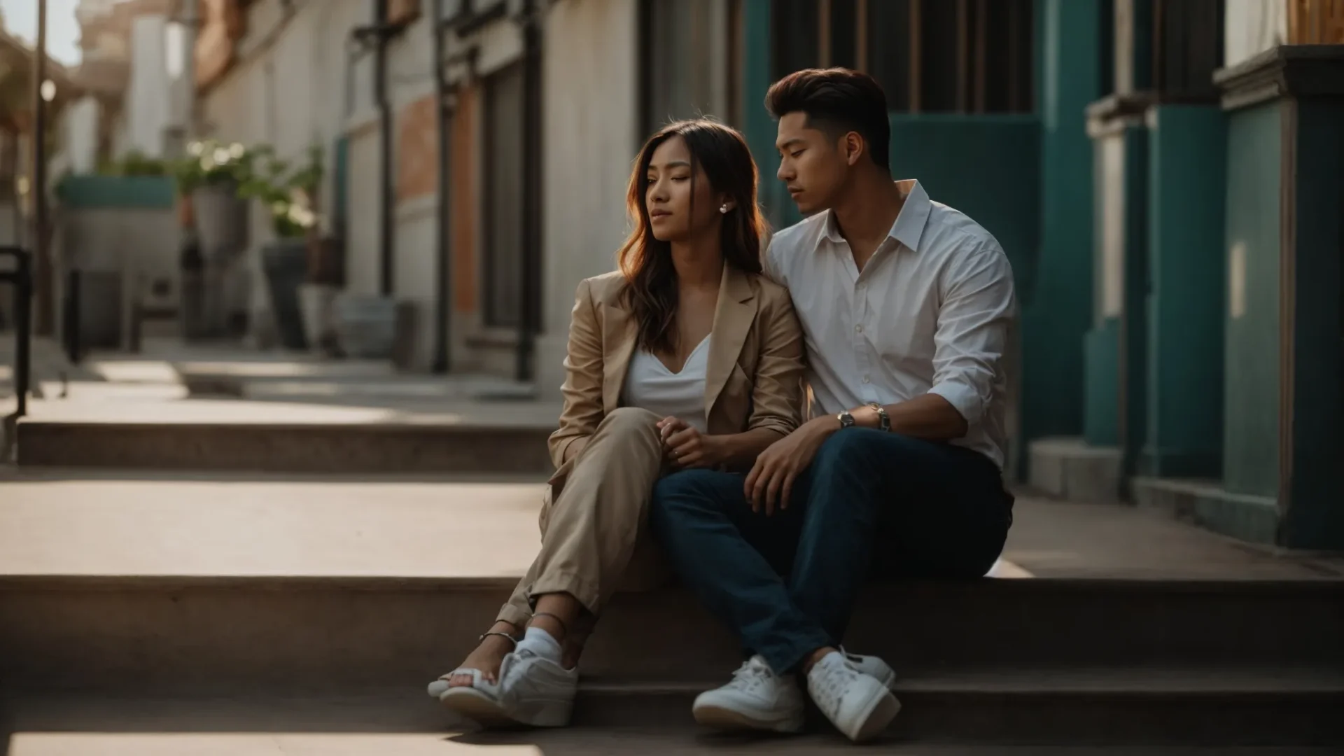 a couple sitting together, engaged in deep conversation and connection, their body language expressing empathy and understanding.