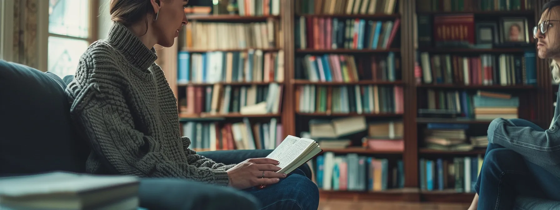 a person engaging in a deep conversation with a therapist, surrounded by books on psychology and personal growth.