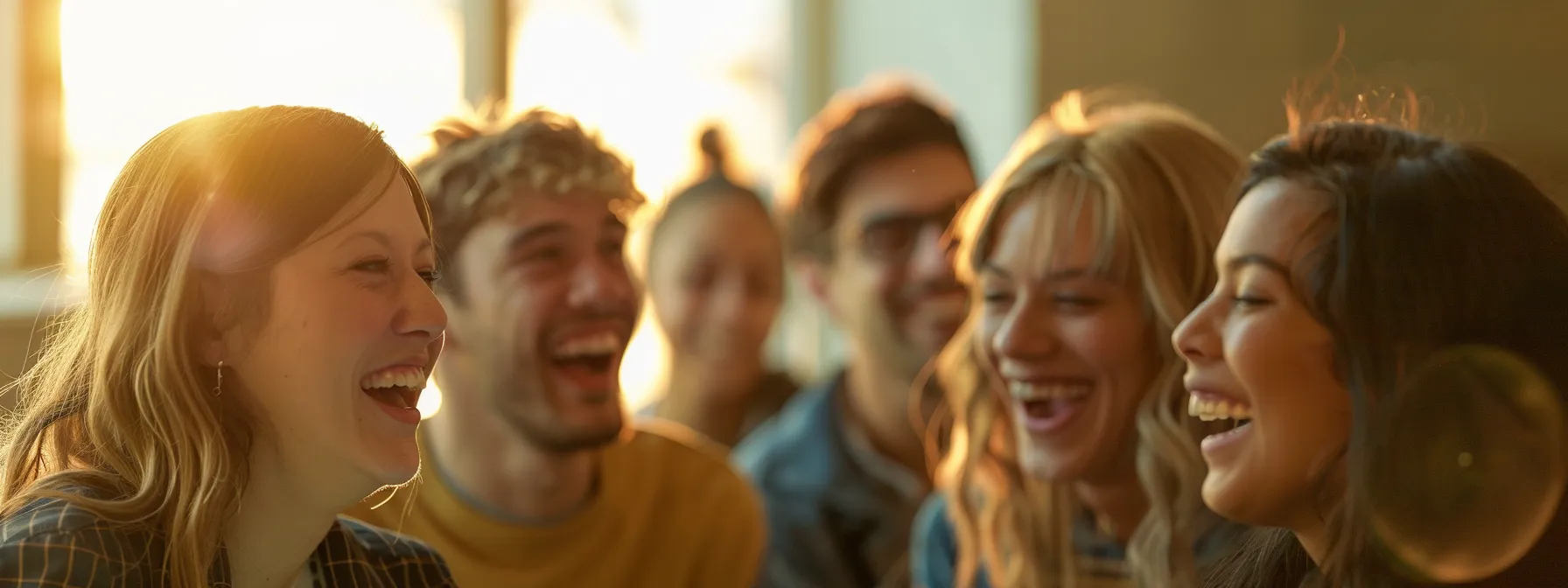 a group of people smiling and laughing together in a supportive and empowering coaching session.