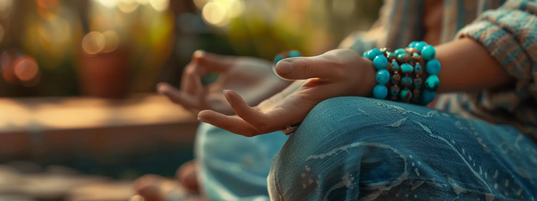 a person wearing a beryl bracelet and turquoise necklace while meditating in a peaceful, tranquil setting.