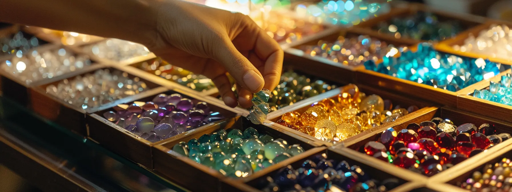 a person carefully selecting various gemstone charms from a display tray.