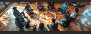 a group of people sitting in a circle, participating in a psych-k workshop for beginners.