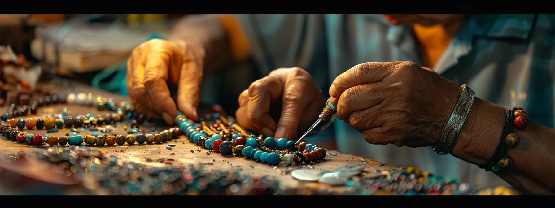 an artisan carefully crafting a vibrant brazilian gemstone bracelet.