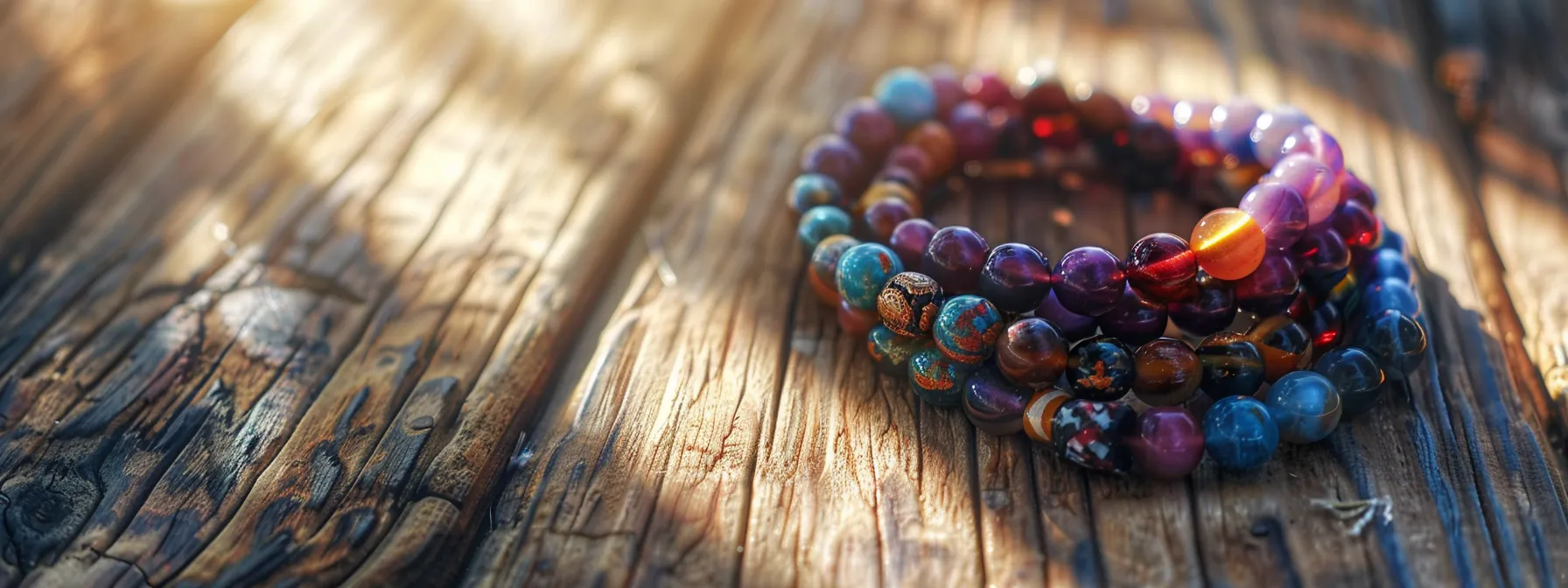 a colorful stack of gemstone bracelets lying on a wooden surface, reflecting individual style and personal significance.