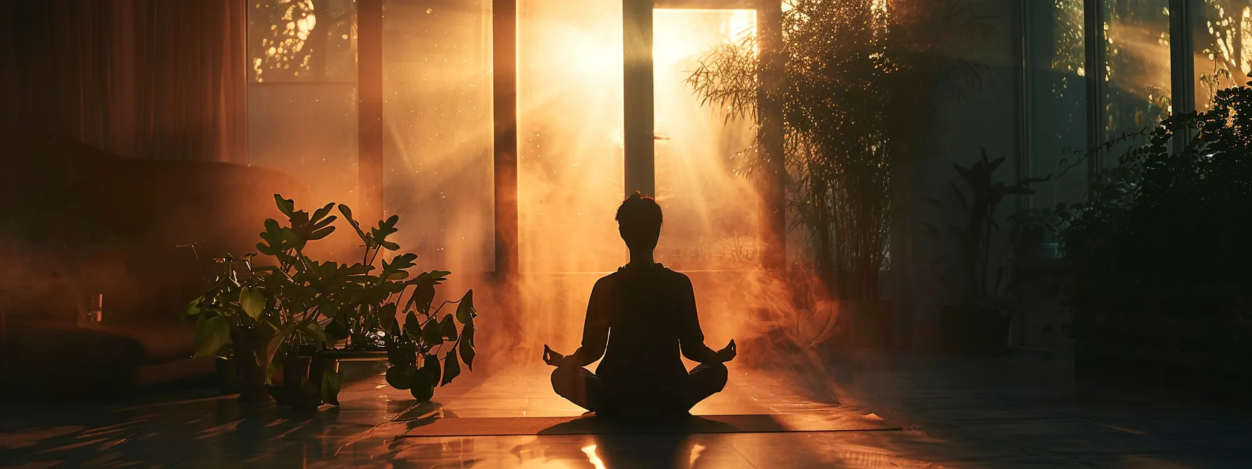 a person meditating in a peaceful setting surrounded by calming energy.