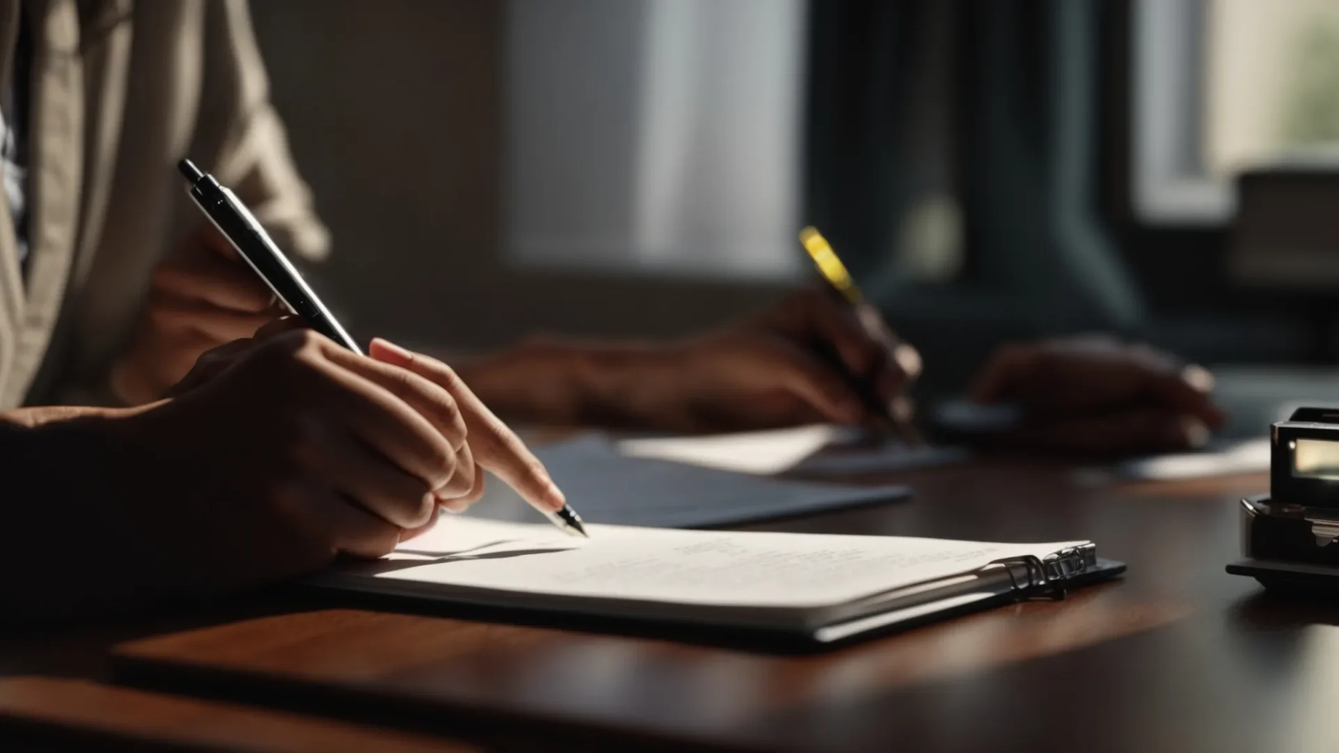 a person sitting at a desk with a notebook and pen, preparing notes and questions for their first meeting with a life coach.