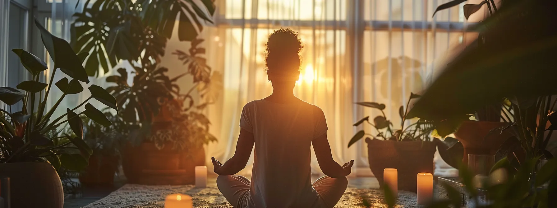 a person meditating in a peaceful room, surrounded by calming elements like candles and plants, with a serene expression on their face.