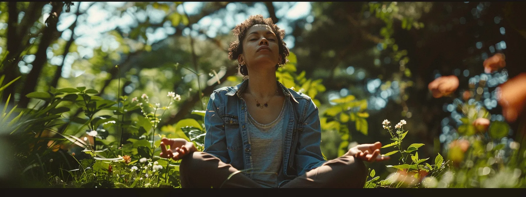 a person sitting peacefully with closed eyes, surrounded by natural elements like trees and flowers, connecting with their inner wisdom through muscle testing.