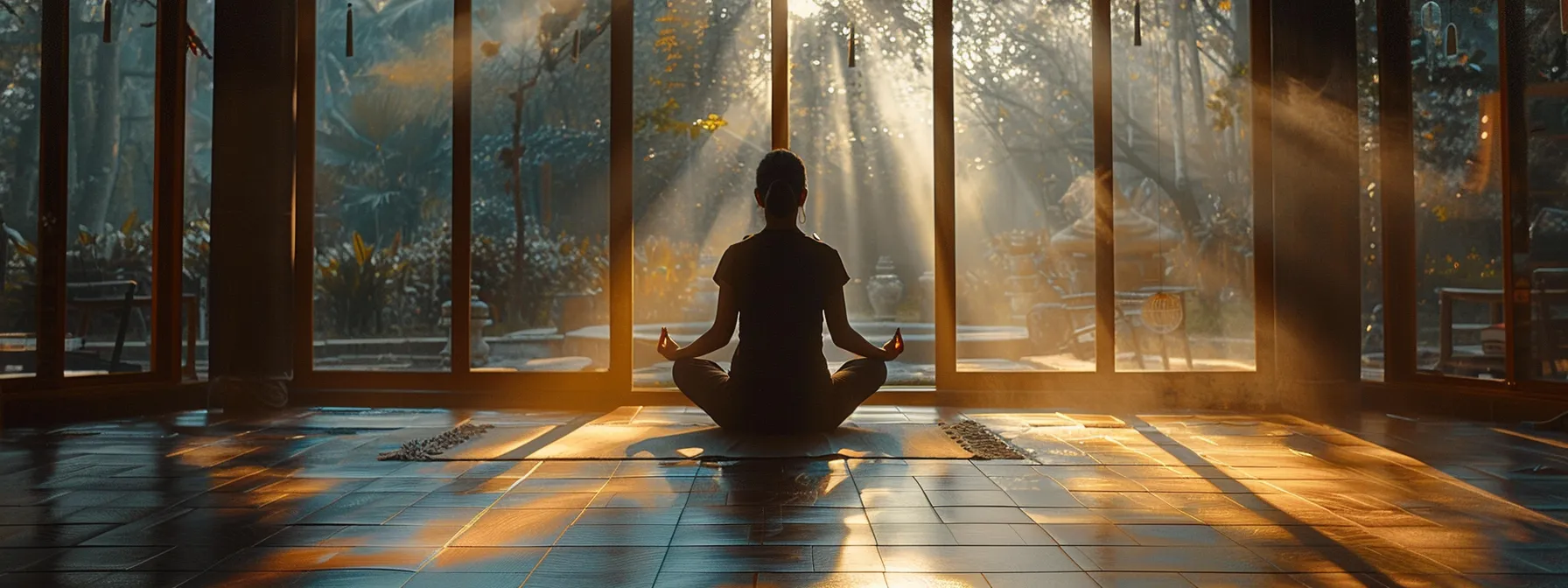 a person practicing meditation in a peaceful setting.