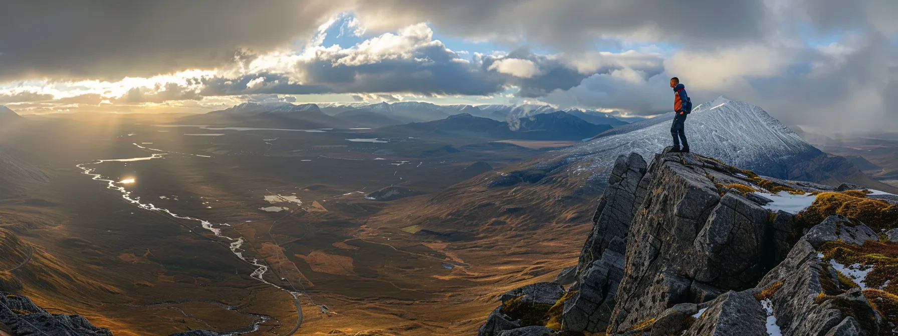 a person standing confidently on a mountain peak, looking out at a challenging landscape below, symbolizing the embrace of challenges and opportunities for growth.