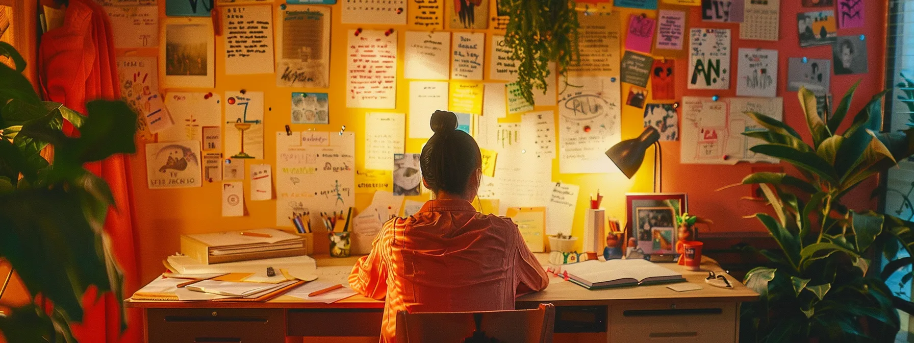 a person sitting at a desk with a vision board, journal, and to-do list, surrounded by motivational quotes and imagery.