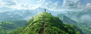 a person standing on top of a mountain gazing at a clear path to success.