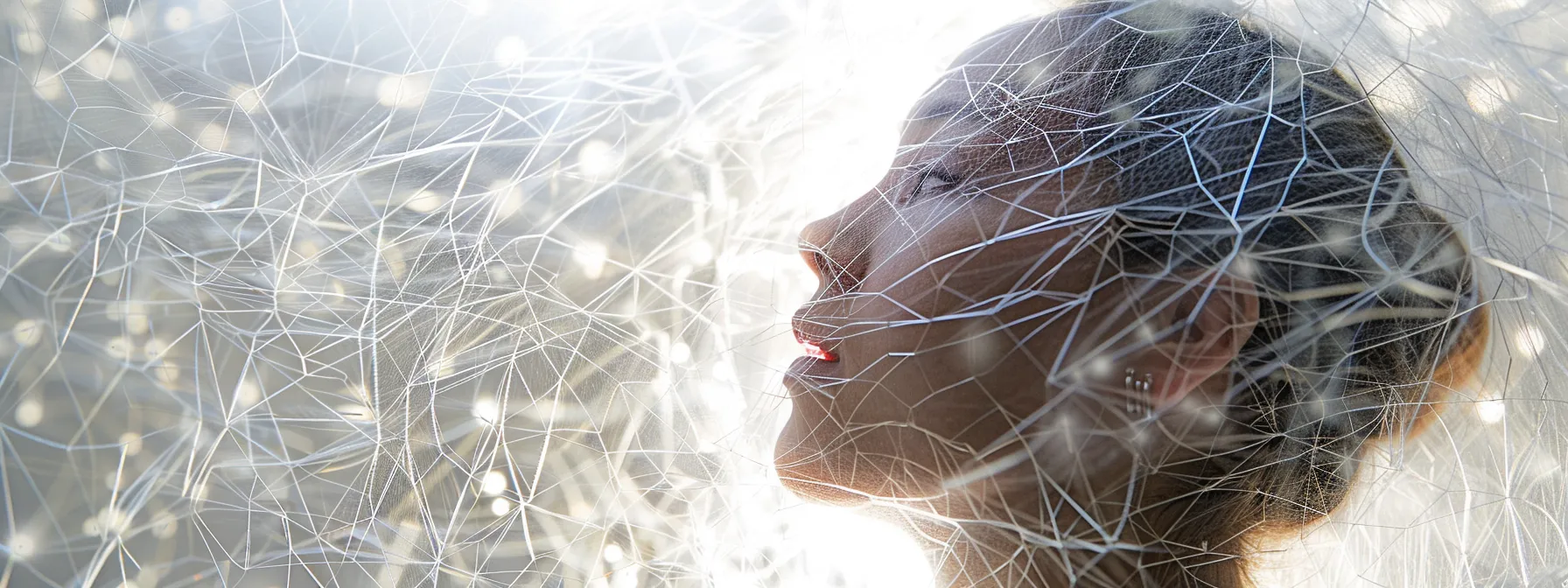 a person surrounded by a web of interconnected thoughts and questions, engaging in reflective self-assessment to enhance critical thinking skills.