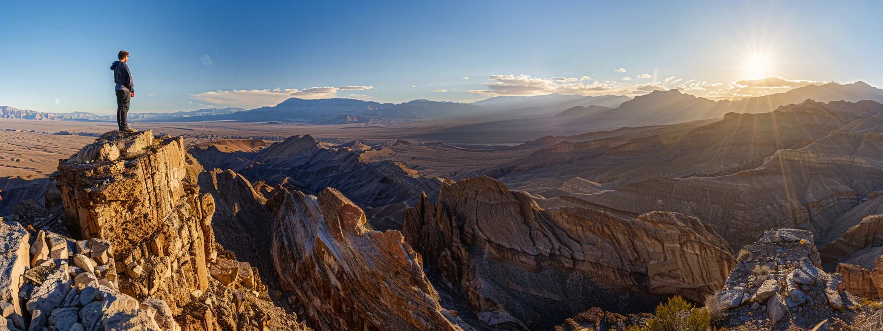 a person standing at the top of a mountain, gazing out at a vast and expansive landscape, symbolizing personal growth and achievement.