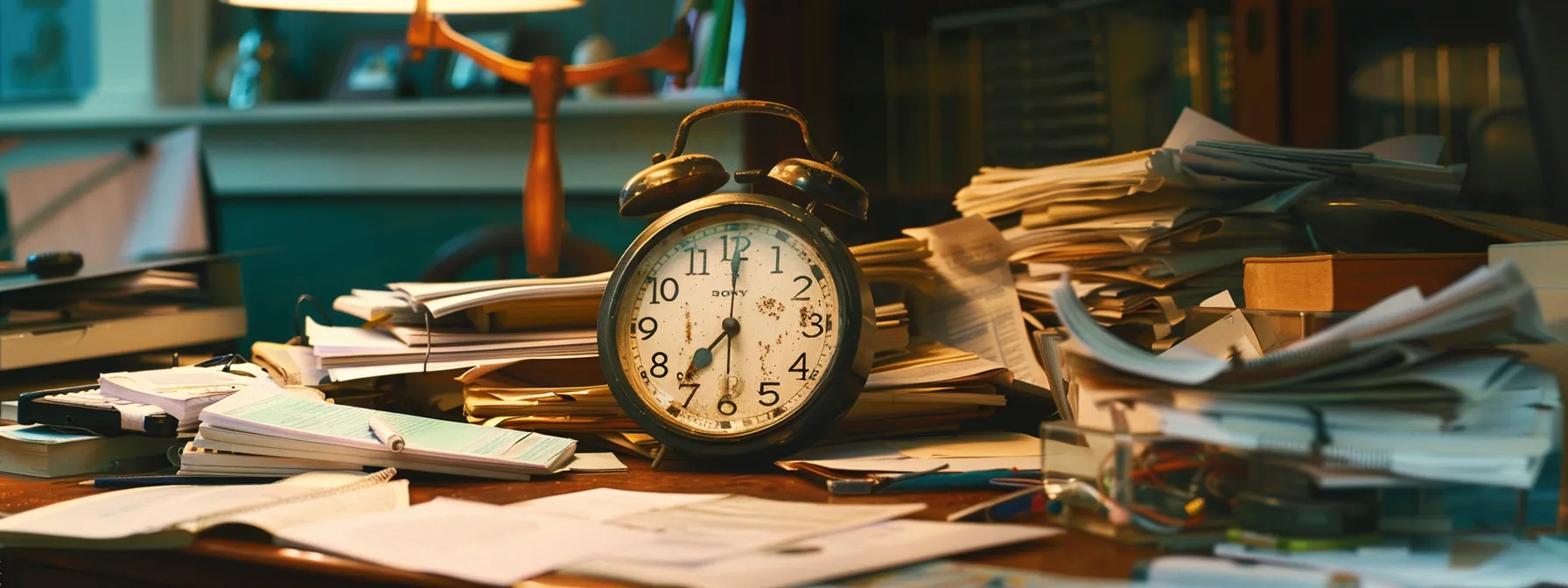 a cluttered desk with a clock ticking away, surrounded by piles of paperwork and scattered office supplies, illustrating the impact of time management on productivity.