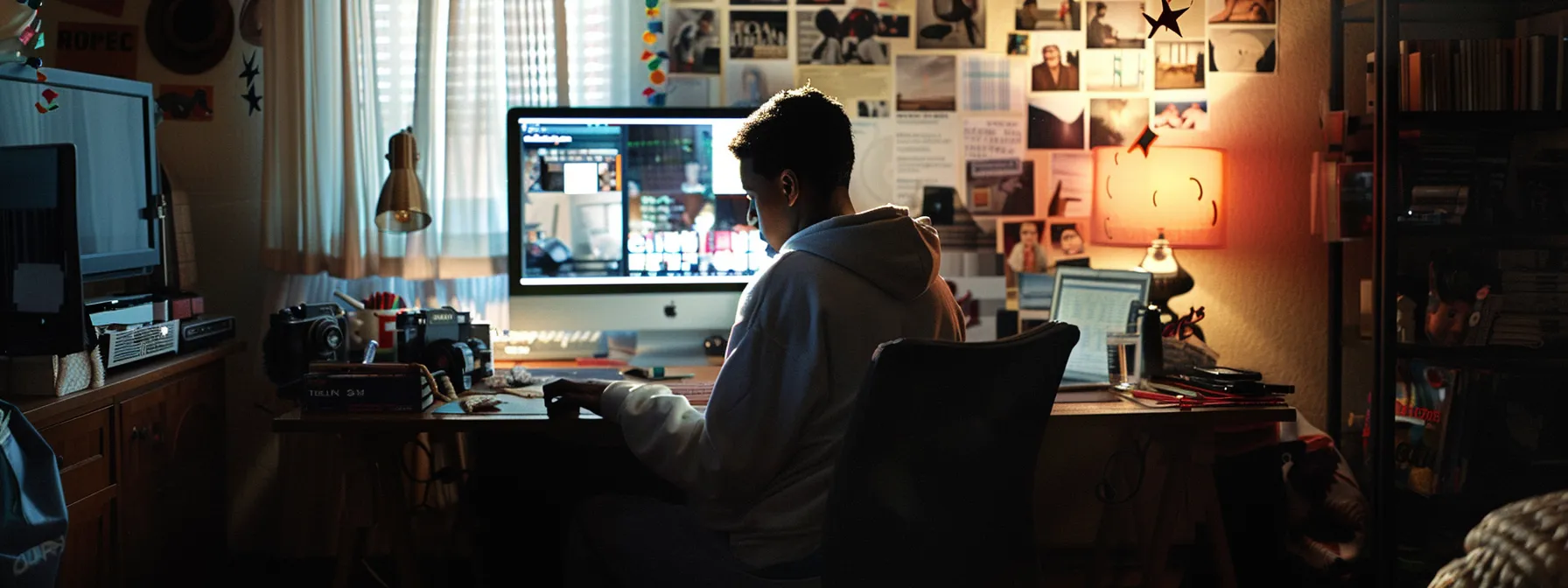 a focused individual sitting at a desk with a vision board filled with inspiring goals and milestones.