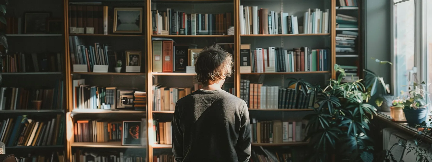 a person standing in front of a mirror, reflecting on their thoughts with determination in their eyes, surrounded by books on personal growth and productivity.