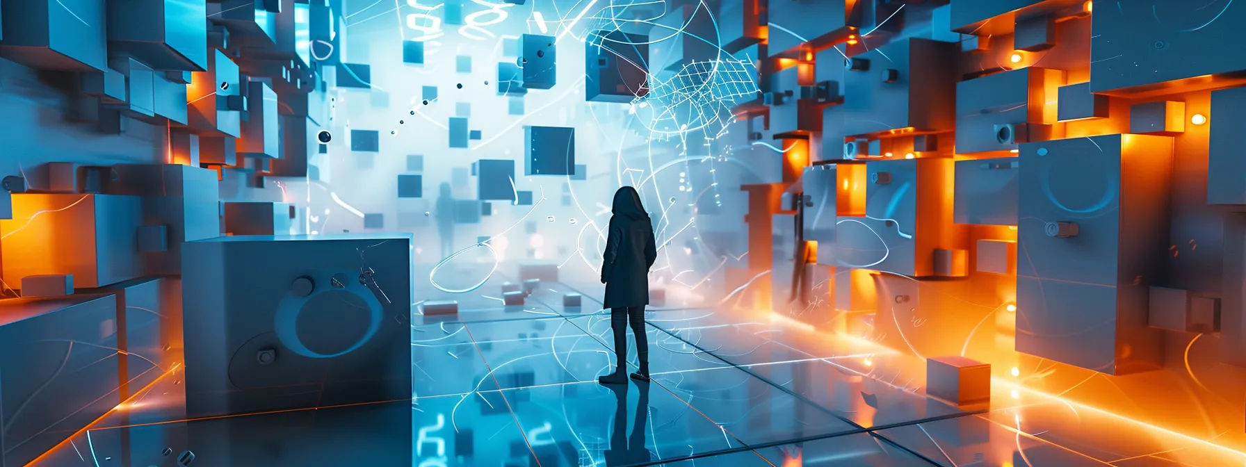 a person standing in front of a maze, symbolizing the barriers to effective critical thinking, with various roadblocks and distractions scattered around.