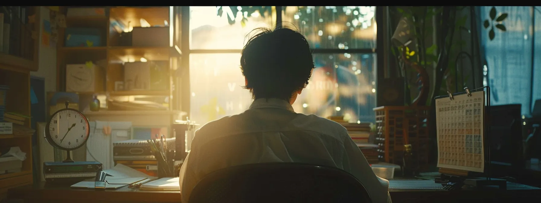 a person sitting at a clean, organized desk with a clear schedule and a timer ticking beside them, fully focused on their work.