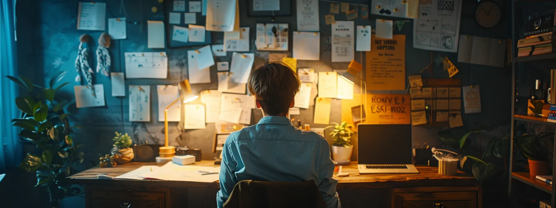 a focused individual sitting at a desk, with a visible to-do list broken down into actionable tasks, surrounded by motivational quotes and a vision board.