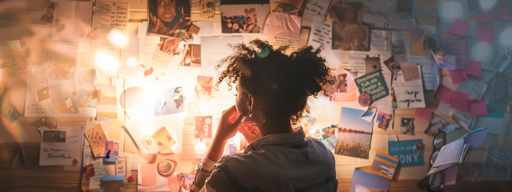 a person surrounded by a vision board filled with colorful images and meaningful words, deep in thought while crafting a personal mission statement that captures their core values.