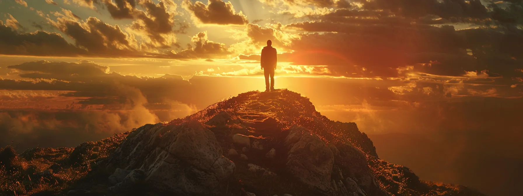 a determined individual standing atop a mountain peak, looking out towards a clear path ahead, representing the power of goal setting in achieving success.