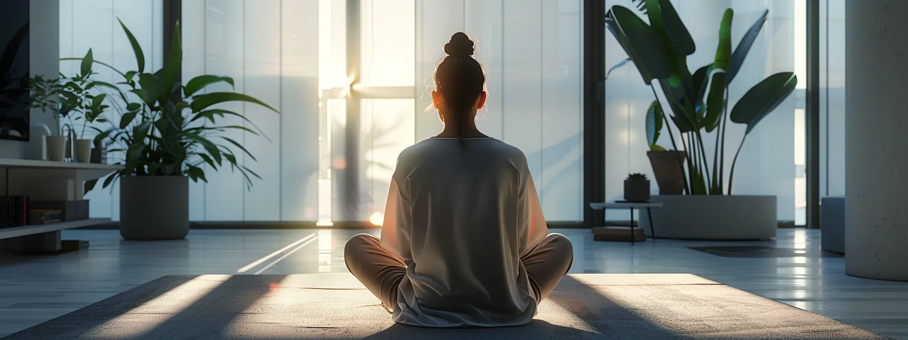 a person sitting in a serene, focused space visualizing their goals with determined concentration.