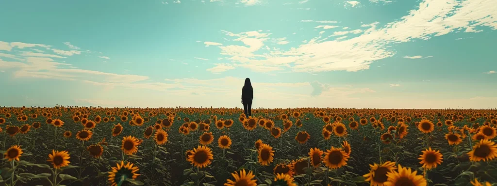 a person standing in a vast field of blooming sunflowers, gazing up at the vibrant yellow petals reaching towards the sky.