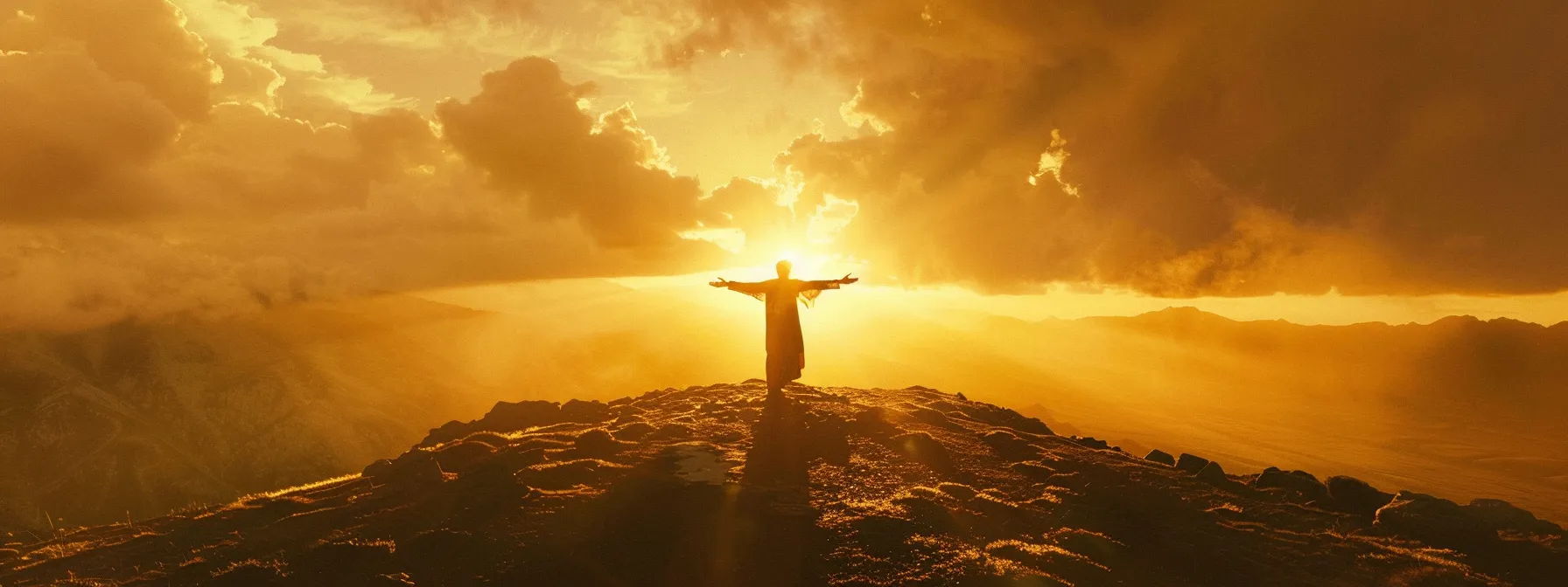 a person standing on a mountaintop, arms outstretched, basking in the golden glow of a sunrise, embodying the power of positive thinking.