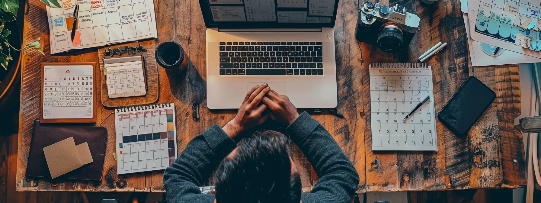 a person sitting at a desk, starting a task with the five-minute rule, surrounded by calendars and a supportive accountability partner.