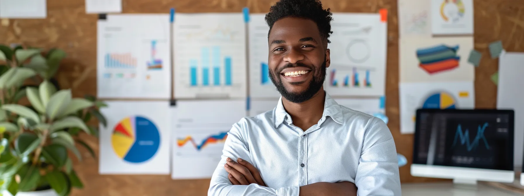 a beaming entrepreneur surrounded by charts and graphs, showcasing their business growth fueled by positive thinking.