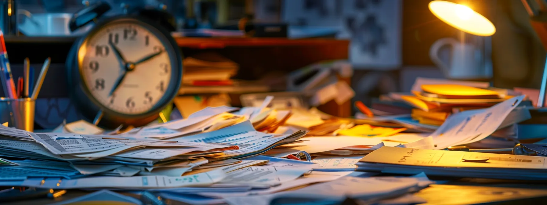 a cluttered desk with scattered papers, unfinished projects, and a clock ticking in the background, symbolizing procrastination hindering goal achievement.