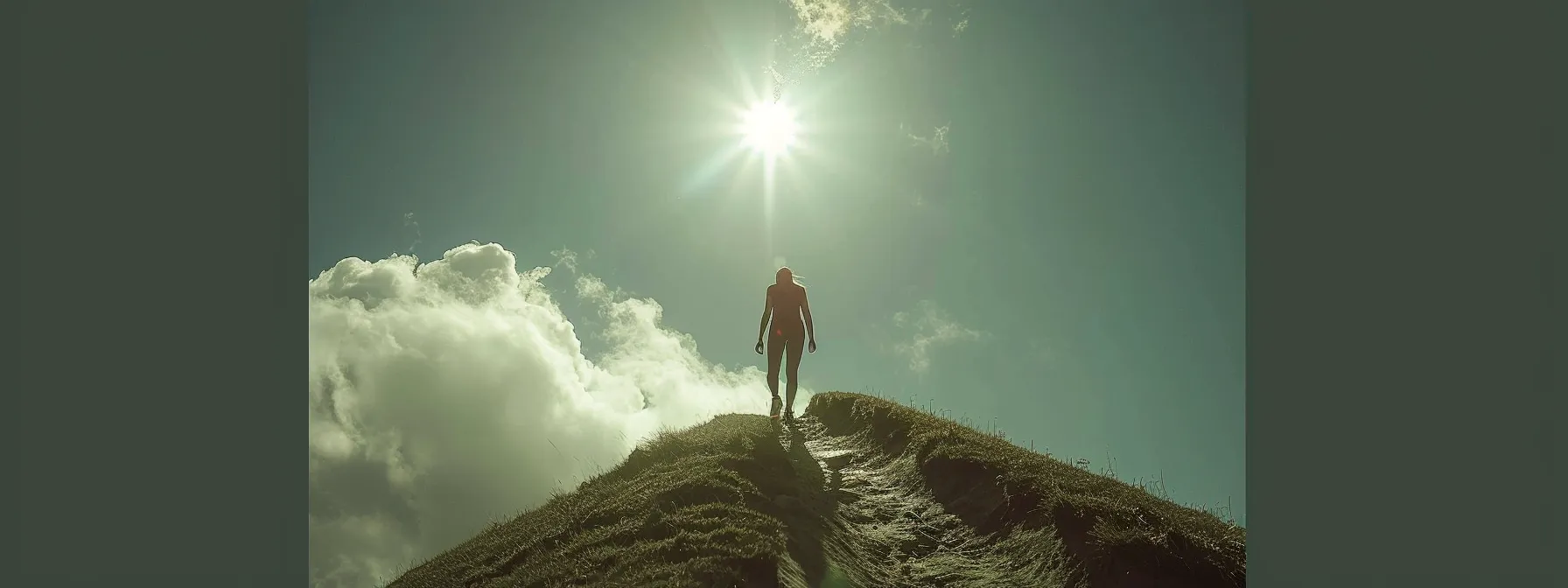 a determined individual facing a steep uphill climb, with clouds parting to reveal a bright, sunny horizon.