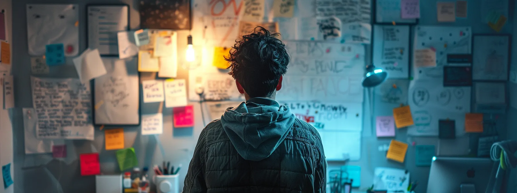 a focused individual confidently making a decision amid a clutter-free workspace, highlighted by a clear goal written on a whiteboard in the background.