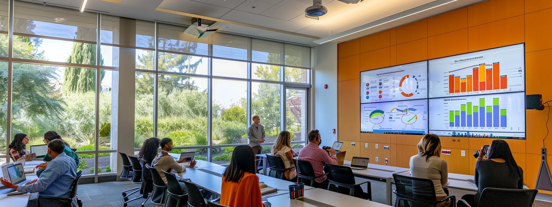 a group of diverse employees in a meeting room, surrounded by colorful charts and graphs displaying their smart goals and hierarchy of priorities, fostering a clear and focused environment.