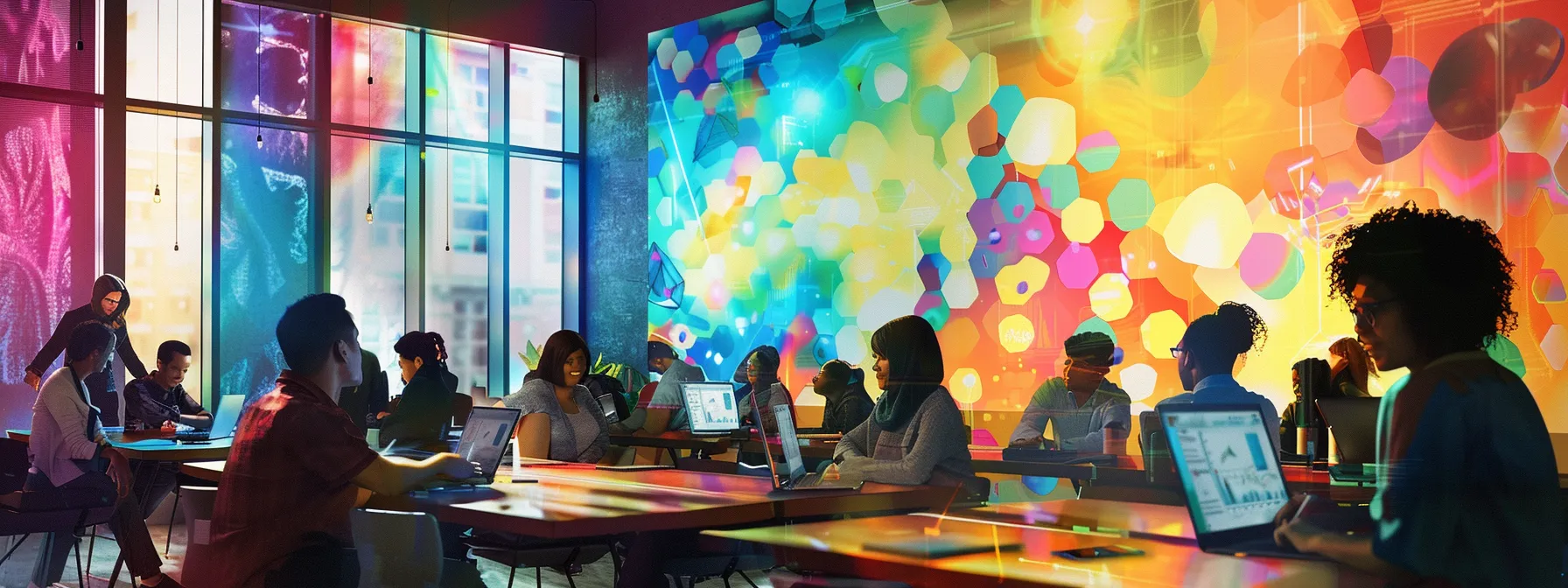 a group of diverse professionals brainstorming ideas in a colorful, dynamic meeting room filled with innovative tools and creative inspiration.