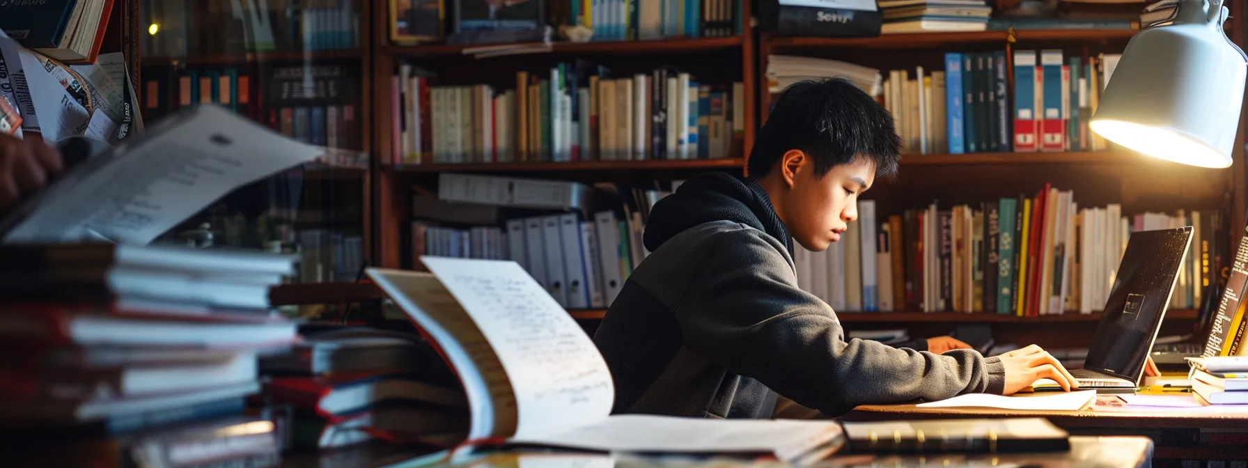 a person engrossed in an online course on analytical techniques, surrounded by books and notes, with a mentor guiding them through the process.