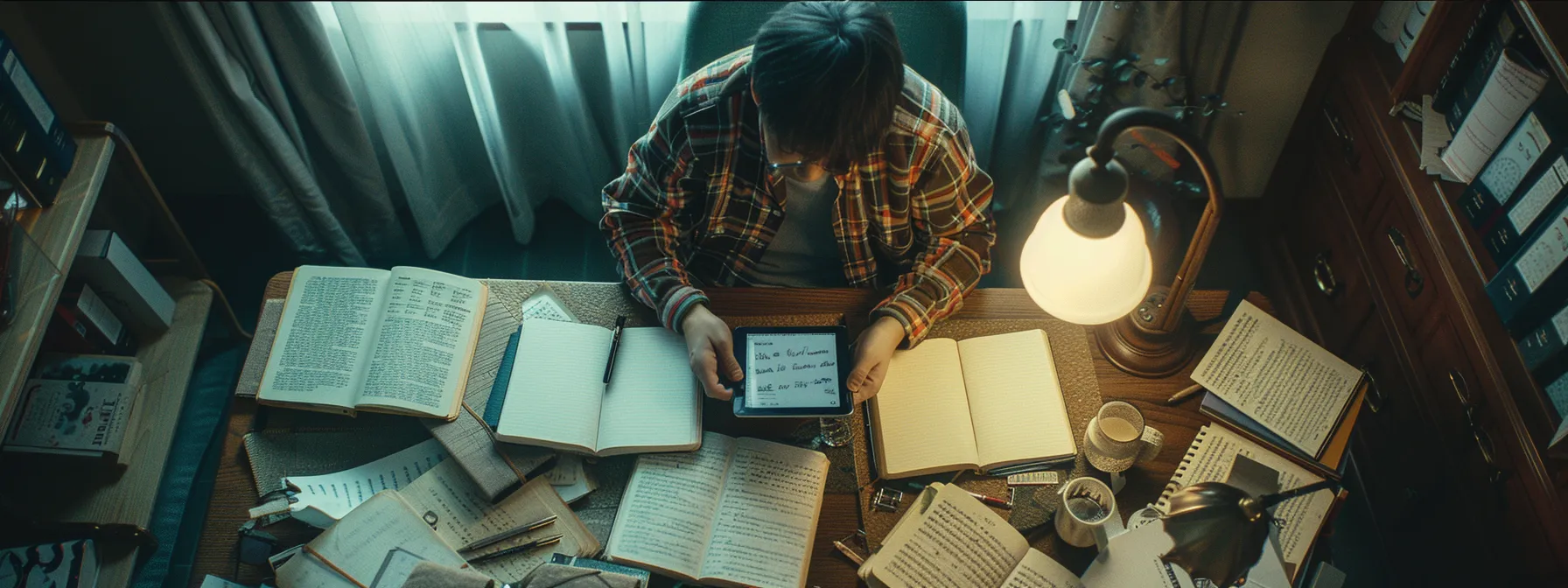 a person sits at a desk surrounded by open journals, pens, and a mindfulness app on their phone, deep in thought while reflecting on their personal thought patterns.