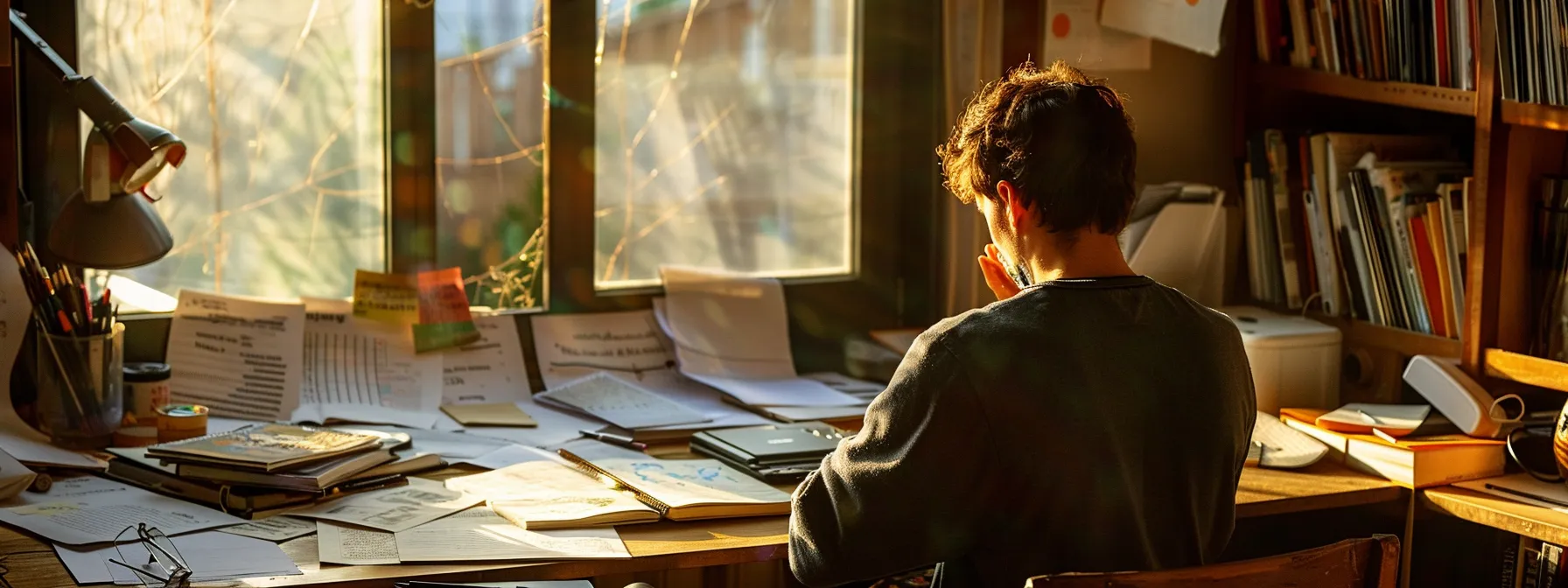 a person sitting at a desk, deep in thought, surrounded by journals and notes, reflecting on their personal habits and triggers.