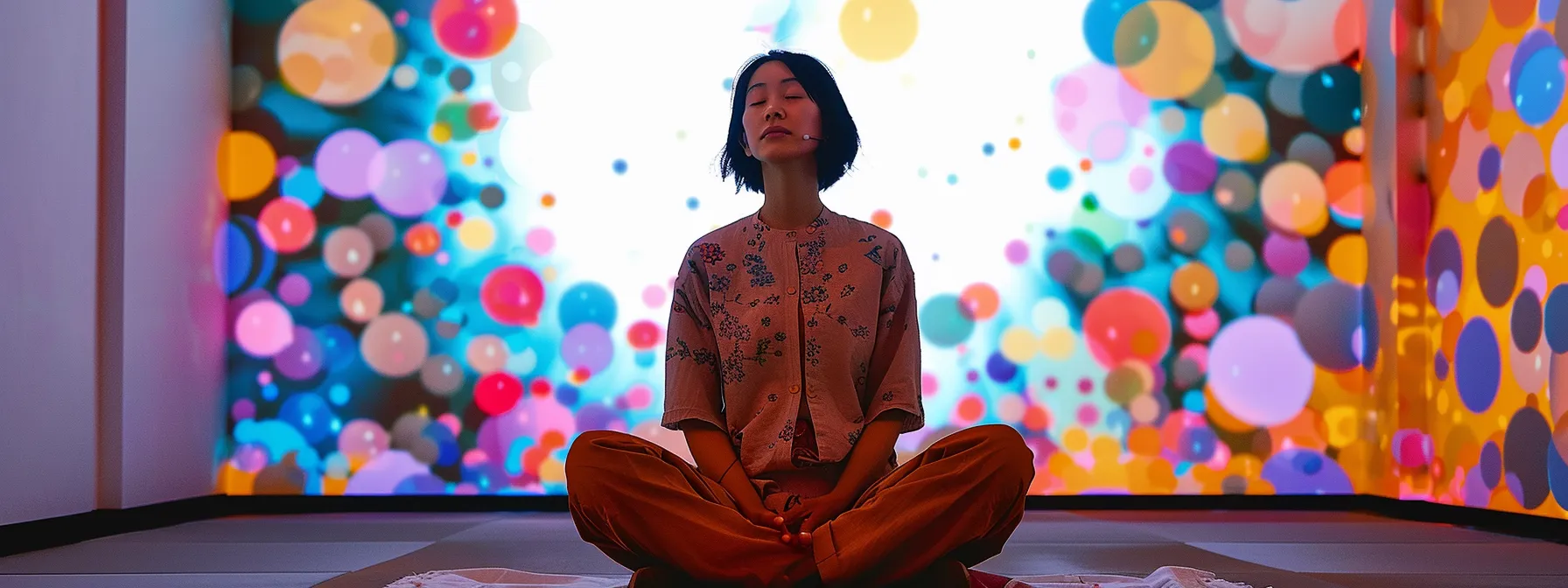 a person sitting cross-legged, eyes closed in meditation, surrounded by colorful thought bubbles representing different patterns and emotions.