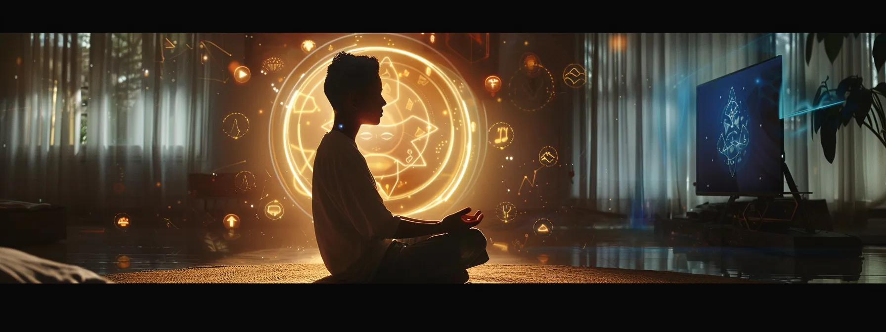 a person sitting in meditation, visualizing healthier habits while reframing negative thoughts, surrounded by symbols representing mindfulness and transformation.