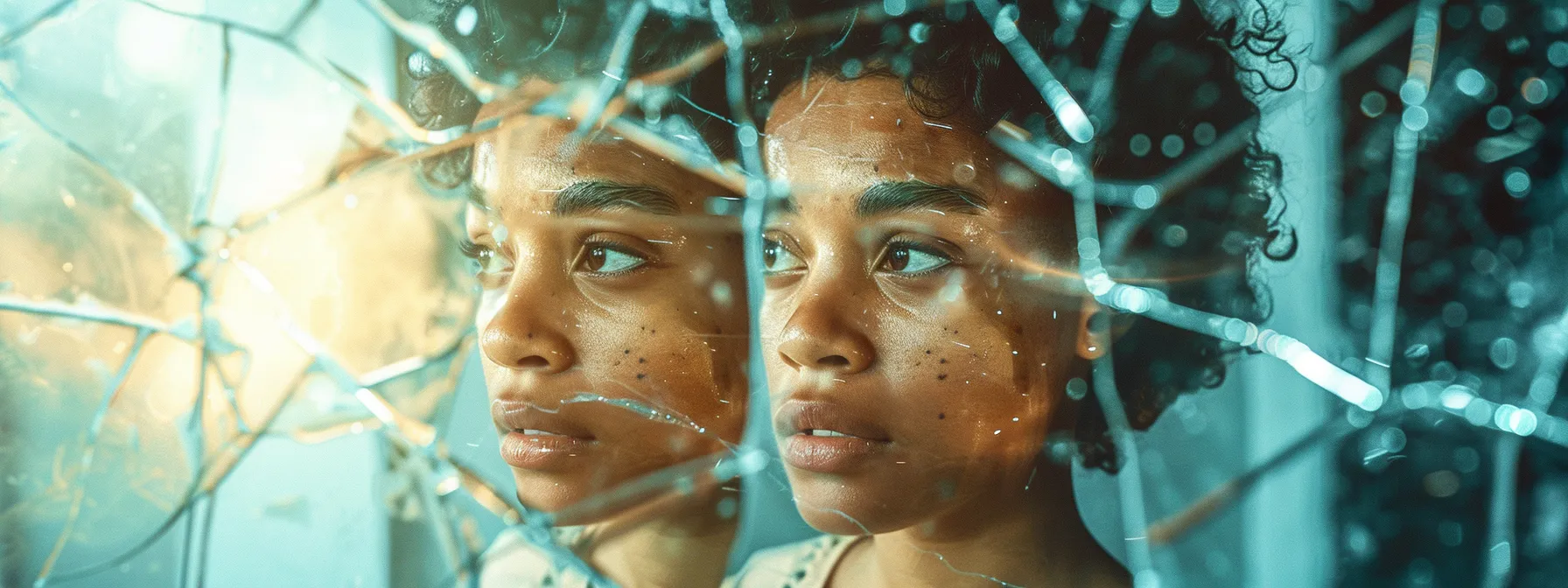 a person standing in front of a mirror, looking determined and confident while breaking through a cracked glass, symbolizing overcoming limiting beliefs.