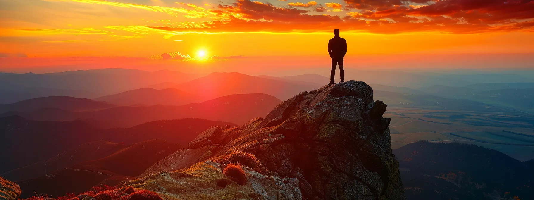 a person standing on a mountaintop, gazing at a breathtaking sunset after a long journey of self-discovery and growth.