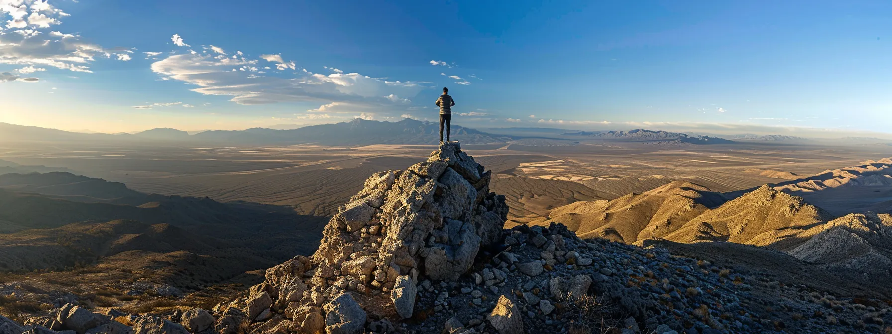 a person standing proudly atop a mountain peak, overlooking a vast landscape, symbolizing sustained habits leading to ongoing success.