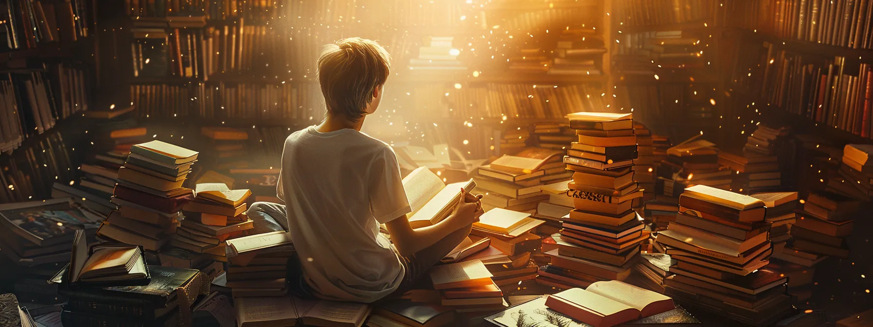 a person surrounded by books, engaged in deep contemplation and surrounded by a supportive community.