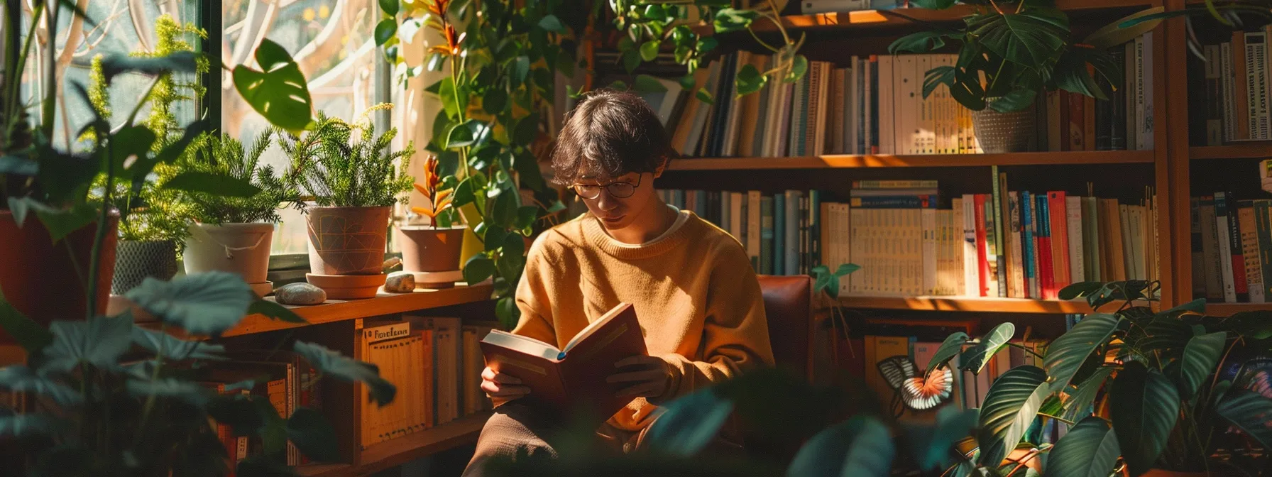 a person surrounded by motivational quotes, books, and plants, reflecting a growth mindset in their daily environment.